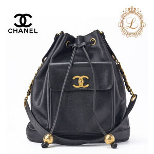 Chanel Outside Flap Drawstring Chain Shoulder Bag Ball Caviar Black Backpack